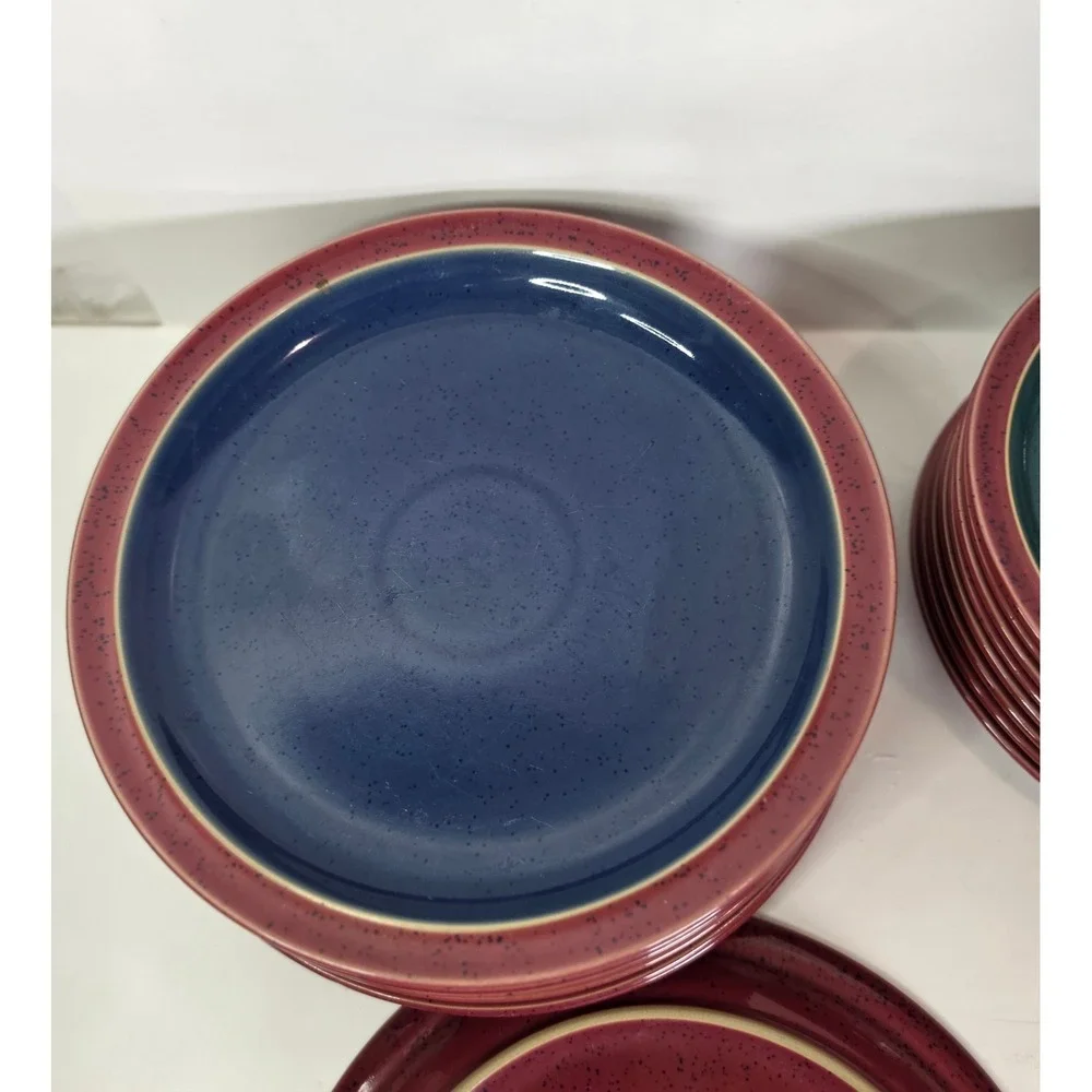Denby Harlequin 16 Pc Dinnerware Set 8 Dinner 8 Salad Plates Red Teal Blue Mint